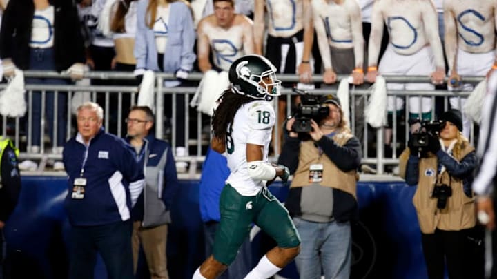 STATE COLLEGE, PA - OCTOBER 13: Felton Davis III #18 of the Michigan State Spartans celebrates after catching a 25 yard touchdown pass in the fourth quarter against Amani Oruwariye #21 of the Penn State Nittany Lions on October 13, 2018 at Beaver Stadium in State College, Pennsylvania. (Photo by Justin K. Aller/Getty Images)