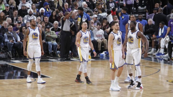 SACRAMENTO, CA - JANUARY 5: Andre Iguodala #9, Stephen Curry #30, Klay Thompson #11, Draymond Green #23 and Kevin Durant #35 of the Golden State Warriors face the Sacramento Kings on January 5, 2019 at Golden 1 Center in Sacramento, California. NOTE TO USER: User expressly acknowledges and agrees that, by downloading and or using this photograph, User is consenting to the terms and conditions of the Getty Images Agreement. Mandatory Copyright Notice: Copyright 2019 NBAE (Photo by Rocky Widner/NBAE via Getty Images)