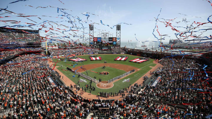 SAN FRANCISCO, CA - APRIL 03: A general view during the playing of the National Anthem before the the San Francisco Giants game against the Seattle Mariners at AT&T Park on April 3, 2018 in San Francisco, California. (Photo by Ezra Shaw/Getty Images)