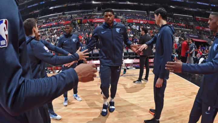LOS ANGELES, CA - MARCH 31: Bruno Caboclo #5 of the Memphis Grizzlies runs onto court before the game against the LA Clippers on March 31, 2019 at STAPLES Center in Los Angeles, California. NOTE TO USER: User expressly acknowledges and agrees that, by downloading and/or using this photograph, user is consenting to the terms and conditions of the Getty Images License Agreement. Mandatory Copyright Notice: Copyright 2019 NBAE (Photo by Andrew D. Bernstein/NBAE via Getty Images)