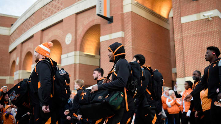 Tennessee players walk to the stadium during the Vol Walk ahead of a game against South Alabama at Neyland Stadium in Knoxville, Tenn. on Saturday, Nov. 20, 2021.Kns Tennessee South Alabama Football