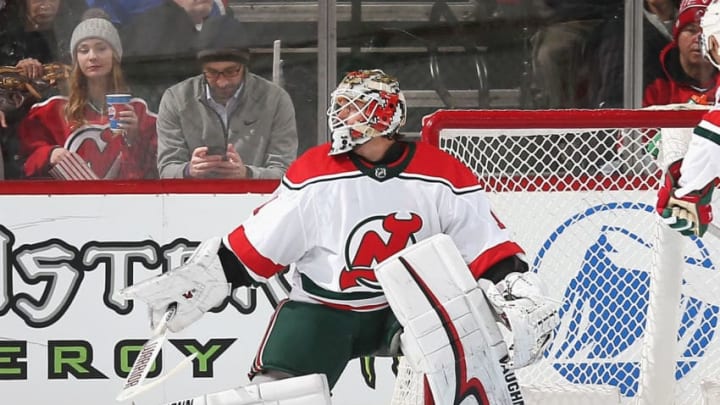 NEWARK, NJ - JANUARY 31: Keith Kinkaid #1 of the New Jersey Devils defends his net against the New York Rangers during the game at Prudential Center on January 31, 2019 in Newark, New Jersey. (Photo by Andy Marlin/NHLI via Getty Images)