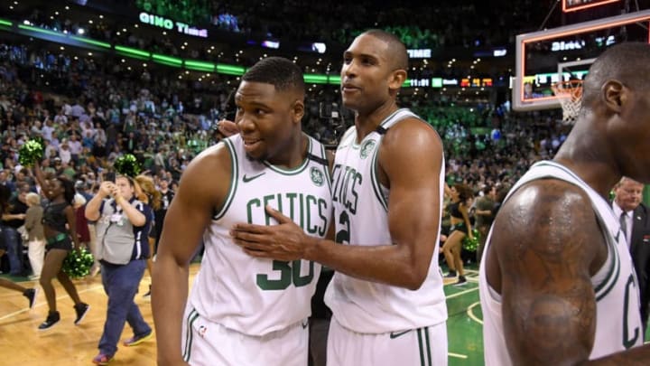 BOSTON, MA - MAY 15: Guerschon Yabusele #30 and Al Horford #42 of the Boston Celtics after Game Two of the Eastern Conference Finals against the Cleveland Cavaliers during the 2018 NBA Playoffs on May 15, 2018 at the TD Garden in Boston, Massachusetts. NOTE TO USER: User expressly acknowledges and agrees that, by downloading and/or using this photograph, user is consenting to the terms and conditions of the Getty Images License Agreement. Mandatory Copyright Notice: Copyright 2018 NBAE (Photo by Brian Babineau/NBAE via Getty Images)