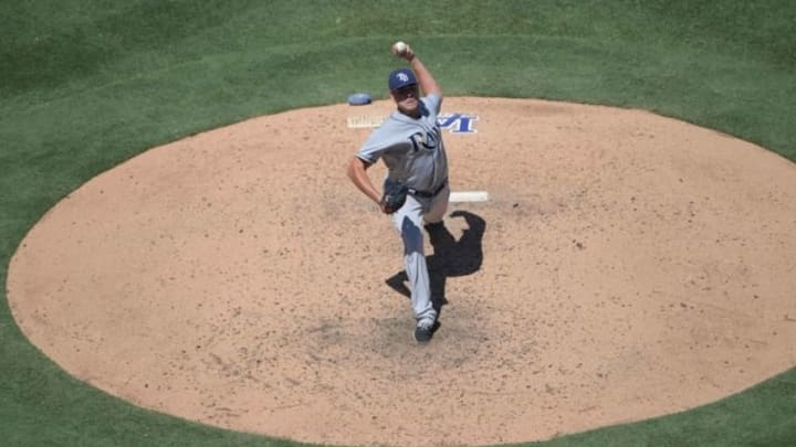 Jul 27, 2016; Los Angeles, CA, USA; Tampa Bay Rays starting pitcher Matt Moore (55) delivers a pitch against the Los Angeles Dodgers during a MLB game at Dodger Stadium. The Rays defeated the Dodgers 3-1. Mandatory Credit: Kirby Lee-USA TODAY Sports