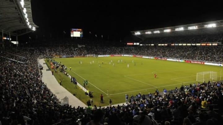 September 21, 2013; Carson, CA, USA; General view of game action as the Los Angeles Galaxy play against the Seattle Sounders during the second half at StubHub Center. Mandatory Credit: Gary A. Vasquez-USA TODAY Sports