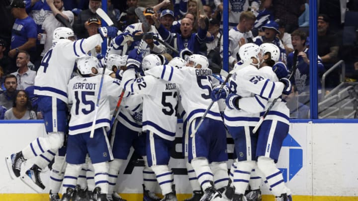 The Toronto Maple Leafs celebrate winning Game Six of the First Round of the 2023 Stanley Cup Playoffs on an overtime goal by John Tavares #91 against the Tampa Bay Lightning at Amalie Arena on April 29, 2023 in Tampa, Florida. (Photo by Mike Ehrmann/Getty Images)