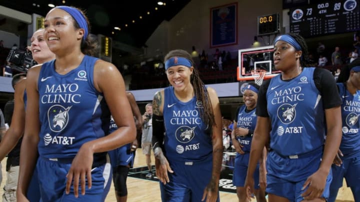 WHITE PLAINS, NY- AUGUST 13: Seimone Augustus #33 of the Minnesota Lynx smiles during the game against the New York Liberty on August 13, 2019 at the Westchester County Center, in White Plains, New York. NOTE TO USER: User expressly acknowledges and agrees that, by downloading and or using this photograph, User is consenting to the terms and conditions of the Getty Images License Agreement. Mandatory Copyright Notice: Copyright 2019 NBAE (Photo by Steven Freeman/NBAE via Getty Images)