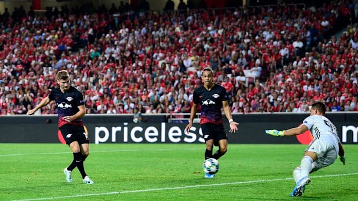 LISBON, PORTUGAL - SEPTEMBER 17: Timo Werner of RB Leipzig scores his team's second goal past Odisseas Vlachodimos of Benfica during the UEFA Champions League group G match between SL Benfica and RB Leipzig at Estadio da Luz on September 17, 2019 in Lisbon, Portugal. (Photo by Octavio Passos/Getty Images)