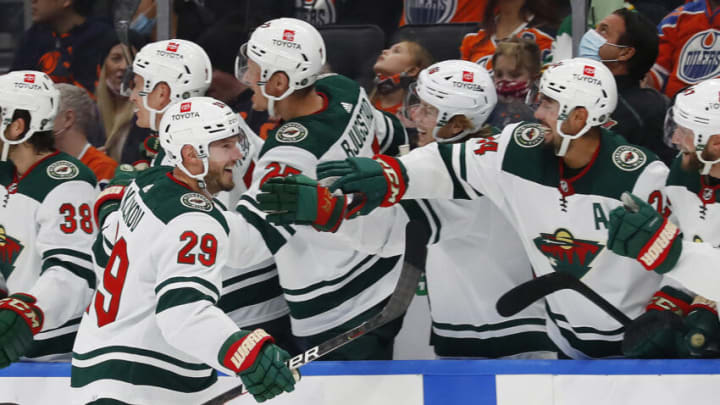 Minnesota Wild defensemen Dmitry Kulikov celebrates a third period goal against the Edmonton Oilers at Rogers Place on Tuesday..(Perry Nelson-USA TODAY Sports)