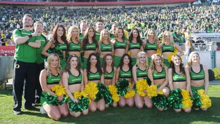 Jan 1, 2015; Pasadena, CA, USA; Oregon Ducks cheerleaders pose prior to the 2015 Rose Bowl college football game between the Oregon Ducks and the Florida State Seminoles at Rose Bowl. Mandatory Credit: Kirby Lee-USA TODAY Sports