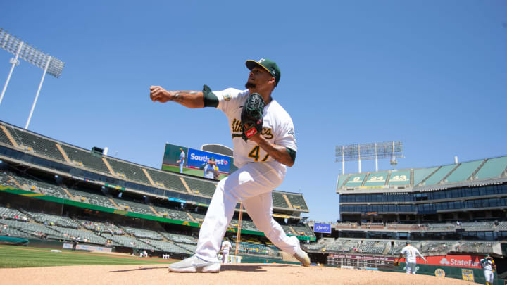 OAKLAND, CA – MAY 4: Frankie Montas #47 of the Oakland Athletics warms up from the mound before the game against the Tampa Bay Rays at RingCentral Coliseum on May 4, 2022 in Oakland, California. The Rays defeated the Athletics 3-0. (Photo by Michael Zagaris/Oakland Athletics/Getty Images)