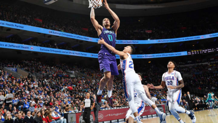 PHILADELPHIA, PA - OCTOBER 27: Miles Bridges #0 of the Charlotte Hornets dunks the ball against the Philadelphia 76ers on October 27, 2018 in Philadelphia, Pennsylvania NOTE TO USER: User expressly acknowledges and agrees that, by downloading and/or using this Photograph, user is consenting to the terms and conditions of the Getty Images License Agreement. Mandatory Copyright Notice: Copyright 2018 NBAE (Photo by Jesse D. Garrabrant/NBAE via Getty Images)