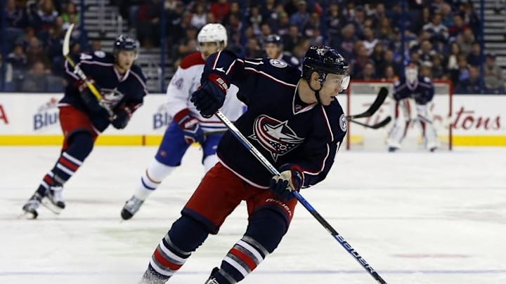 Nov 4, 2016; Columbus, OH, USA; Columbus Blue Jackets left wing Matt Calvert (11) carries the puck against the Montreal Canadiens during the second period at Nationwide Arena. Mandatory Credit: Russell LaBounty-USA TODAY Sports Nov 4, 2016; Columbus, OH, USA; Columbus Blue Jackets left wing Matt Calvert (11) carries the puck against the Montreal Canadiens during the second period at Nationwide Arena. Mandatory Credit: Russell LaBounty-USA TODAY Sports