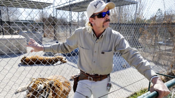 Feb 28, 2013; Wynnewood, OK, USA; Joe Schreibvogel (Joe Exotic) talks about a lawsuit at GW Exotic Animal Park on Thursday, Feb. 28, 2013 in Wynnewood, Okla. Mandatory Credit: Steve Sisney/The Oklahoman via the USA TODAY Network