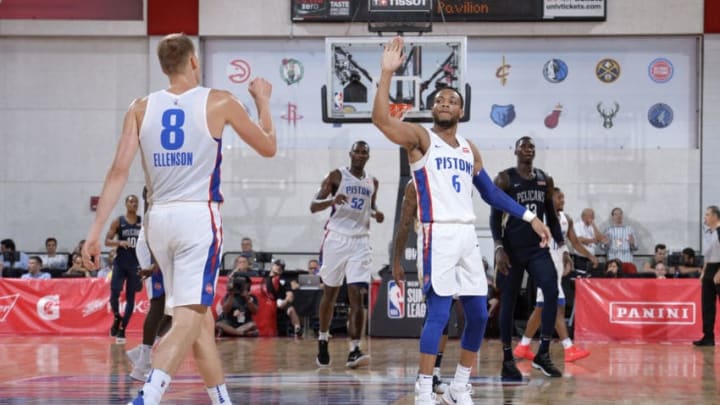 LAS VEGAS, NV - JULY 9: Henry Ellenson #8 and Bruce Brown #6 of the Detroit Pistons high five during the game against the New Orleans Pelicans during the 2018 Las Vegas Summer League on July 9, 2018 at the Cox Pavilion in Las Vegas, Nevada. NOTE TO USER: User expressly acknowledges and agrees that, by downloading and/or using this photograph, user is consenting to the terms and conditions of the Getty Images License Agreement. Mandatory Copyright Notice: Copyright 2018 NBAE (Photo by David Dow/NBAE via Getty Images)
