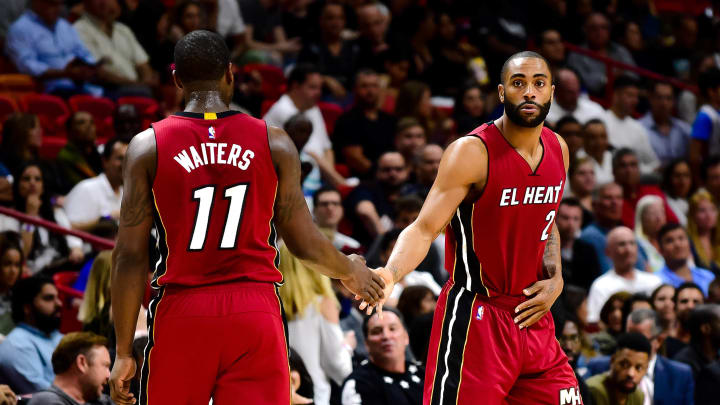 Mar 11, 2017; Miami, FL, USA; Miami Heat guard Dion Waiters (left) greets Heat guard Wayne Ellington (right) during the first half against the Toronto Raptors at American Airlines Arena. Mandatory Credit: Steve Mitchell-USA TODAY Sports