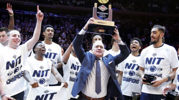 Mar 29, 2018; New York, NY, USA; Penn State Nittany Lions head coach Patrick Chambers celebrates with his team after defeating the Utah Utes to win the NIT championship game at Madison Square Garden. Mandatory Credit: Adam Hunger-USA TODAY Sports