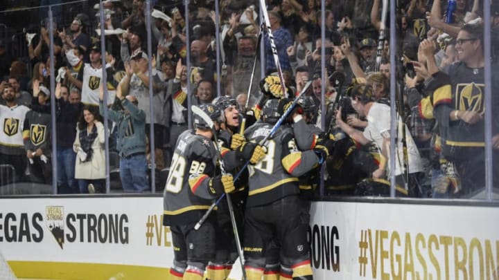 LAS VEGAS, NV - OCTOBER 10: (L-R) Nate Schmidt #88, Luca Sbisa #47, William Carrier #28, and Tomas Nosek #92 of the Vegas Golden Knights celebrate after scoring a goal during their inaugural regular-season home opener against the Arizona Coyotes at T-Mobile Arena on October 10, 2017 in Las Vegas, Nevada. (Photo by Jeff Bottari/NHLI via Getty Images)