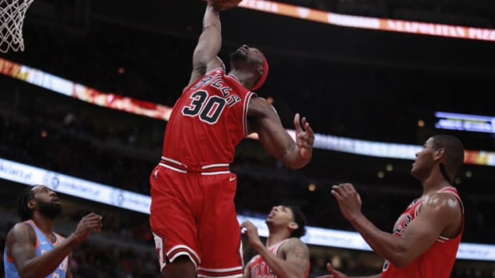 The Chicago Bulls' Noah Vonleh (30) grabs a defensive rebound during the second half against the Los Angeles Clippers at the United Center in Chicago on Tuesday, March 13, 2018. The Clippers won, 112-106. (Nuccio DiNuzzo/Chicago Tribune/TNS via Getty Images)