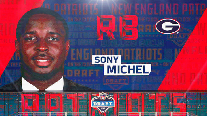ARLINGTON, TX - APRIL 26: A video board displays an image of Sony Michel of Georgia after he was picked #31 overall by the New England Patriots during the first round of the 2018 NFL Draft at AT&T Stadium on April 26, 2018 in Arlington, Texas. (Photo by Tim Warner/Getty Images) ARLINGTON, TX - APRIL 26: A video board displays an image of Sony Michel of Georgia after he was picked #31 overall by the New England Patriots during the first round of the 2018 NFL Draft at AT&T Stadium on April 26, 2018 in Arlington, Texas. (Photo by Tim Warner/Getty Images)