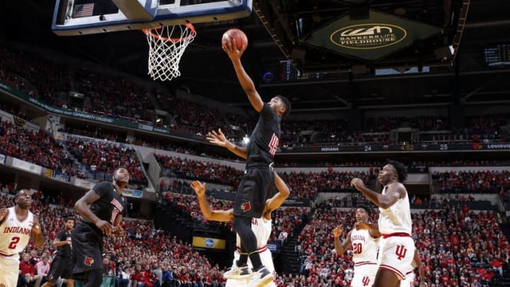Dec 31, 2016; Indianapolis, IN, USA; Louisville Cardinals guard Donovan Mitchell (45) lays the ball in against the Indiana Hoosiers at Bankers Life Fieldhouse. Louisville defeats Indiana 77-62. Mandatory Credit: Brian Spurlock-USA TODAY Sports
