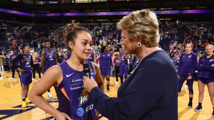 PHOENIX, AZ- JUNE 23: Leilani Mitchell #5 of the Phoenix Mercury talks with the media after the game against the Los Angeles Sparks on June 23, 2019 at the Talking Stick Resort Arena, in Phoenix, Arizona. NOTE TO USER: User expressly acknowledges and agrees that, by downloading and or using this photograph, User is consenting to the terms and conditions of the Getty Images License Agreement. Mandatory Copyright Notice: Copyright 2019 NBAE (Photo by Barry Gossage/NBAE via Getty Images)