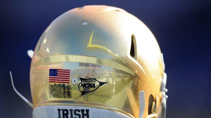 Dec 30, 2014; Nashville, TN, USA; Detail view of a Notre Dame Fighting Irish helmet prior to the game against the LSU Tigers in the Music City Bowl at LP Field. Mandatory Credit: Christopher Hanewinckel-USA TODAY Sports