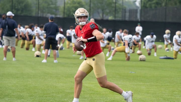 Steve Angeli QB of the Fighting Irish at Notre Dame football practice at the Irish Athletic Center on August 5, 2023.