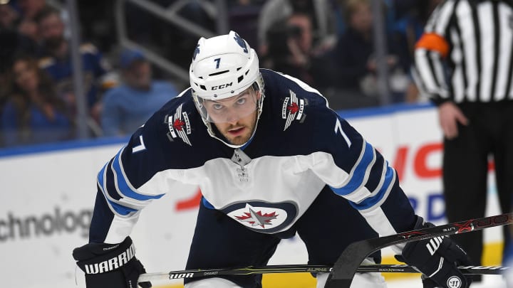 ST. LOUIS, MO – APRIL 16: Winnipeg Jets defenseman Ben Chiarot (7) gets ready to take a face off during a first round Stanley Cup Playoffs game between the Winnipeg Jets and the St. Louis Blues, on April 16, 2019, at Enterprise Center, St. Louis, Mo. (Photo by Keith Gillett/Icon Sportswire via Getty Images)