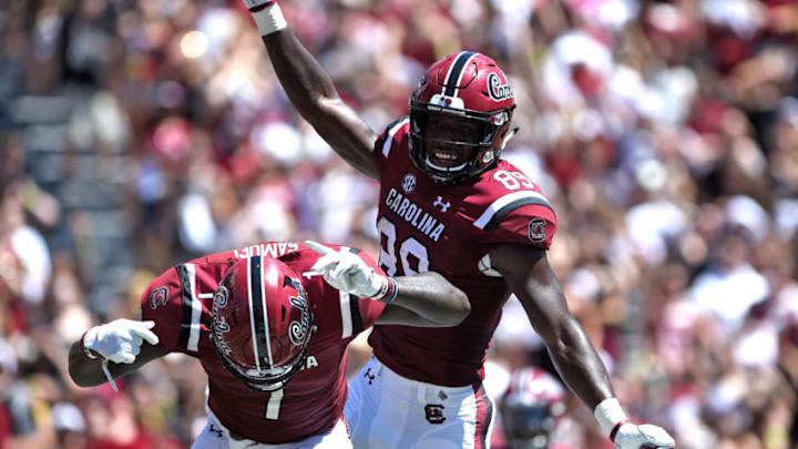 COLUMBIA, SC - SEPTEMBER 01: Bryan Edwards #89 and Deebo Samuel #1 of the South Carolina Gamecocks celebrate following a touchdown reception by Edwards during their game against the Coastal Carolina Chanticleers at Williams-Brice Stadium on September 1, 2018 in Columbia, South Carolina. (Photo by Lance King/Getty Images)