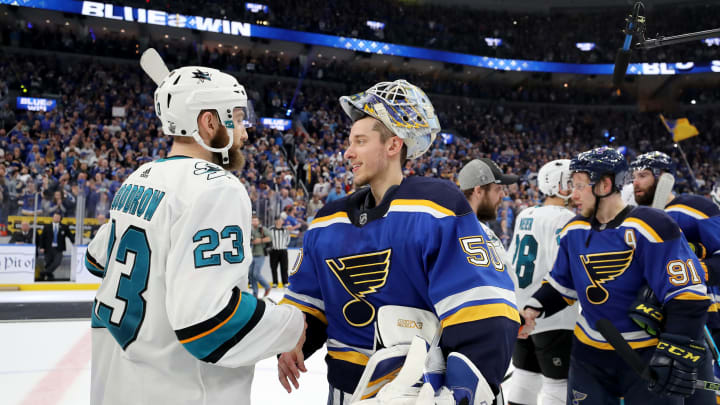 ST LOUIS, MISSOURI – MAY 21: Barclay Goodrow #23 of the San Jose Sharks congratulates Jordan Binnington #50 of the St. Louis Blues after Game Six of the Western Conference Finals during the 2019 NHL Stanley Cup Playoffs at Enterprise Center on May 21, 2019 in St Louis, Missouri. The St.Louis Blues defeated the San Jose Sharks with a score of 5 to 1. (Photo by Elsa/Getty Images)