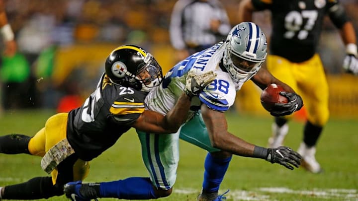 PITTSBURGH, PA - NOVEMBER 13: Dez Bryant #88 of the Dallas Cowboys is tackled by Artie Burns #25 of the Pittsburgh Steelers after a reception in the second half during the game at Heinz Field on November 13, 2016 in Pittsburgh, Pennsylvania. (Photo by Justin K. Aller/Getty Images)