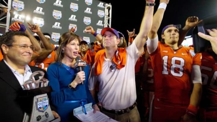 Dec 29, 2014; Orlando, FL, USA; Clemson Tigers head coach Dabo Swinney celebrates after the 2014 Russell Athletic Bowl at Florida Citrus Bowl. Clemson Tigers defeated the Oklahoma Sooners 40-6. Mandatory Credit: Joshua S. Kelly-USA TODAY Sports