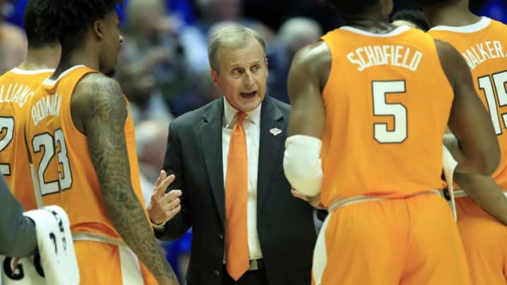 NASHVILLE, TENNESSEE - MARCH 16: Rick Barnes the head coach of the Tennessee Volunteers gives instructions to his team during the 82-78 win over the Kentucky Wildcats during the semifinals of the SEC Basketball Tournament at Bridgestone Arena on March 16, 2019 in Nashville, Tennessee. (Photo by Andy Lyons/Getty Images)