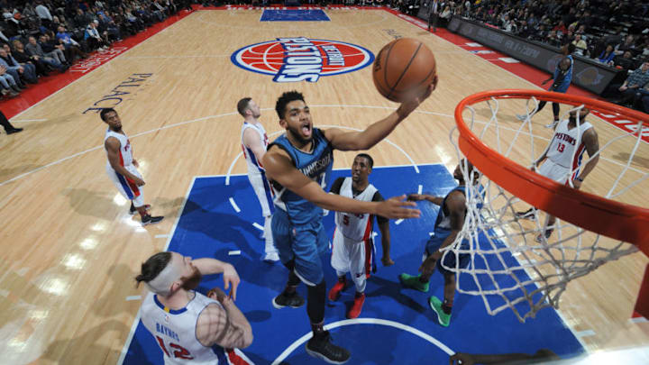 AUBURN HILLS, MI - FEBRUARY 3: Karl-Anthony Towns #32 of the Minnesota Timberwolves goes up for a lay up against the Detroit Pistons on February 3, 2017 at The Palace of Auburn Hills in Auburn Hills, Michigan. NOTE TO USER: User expressly acknowledges and agrees that, by downloading and/or using this photograph, User is consenting to the terms and conditions of the Getty Images License Agreement. Mandatory Copyright Notice: Copyright 2017 NBAE (Photo by Chris Schwegler/NBAE via Getty Images)