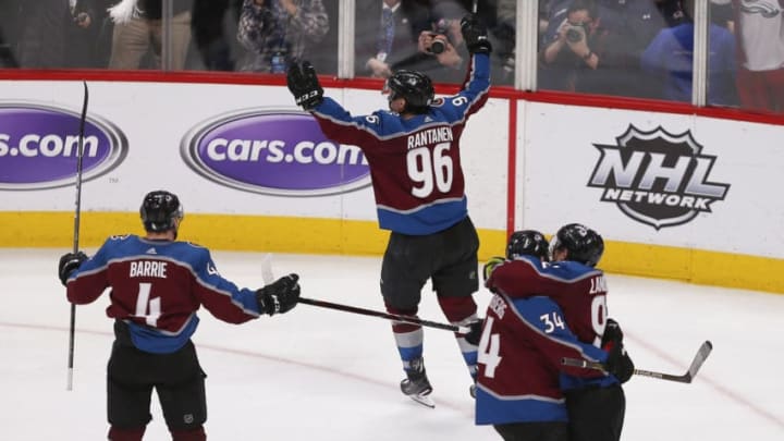 DENVER, CO - APRIL 17: Members of the Colorado Avalanche celebrate following an overtime game winning goal by Avalanche right wing Mikko Rantanen (96) during a Western Conference match-up in the first round of the Stanley Cup Playoffs on April 17, 2019 at the Pepsi Center in Denver, CO. (Photo by Russell Lansford/Icon Sportswire via Getty Images)
