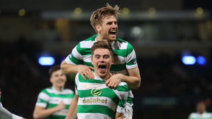 GLASGOW, SCOTLAND - NOVEMBER 26: James Forrest of Celtic celebrates his goal (Celtics 1st)with Stuart Armstrong during the Betfred Cup Final at Hampden Park on November 26, 2017 in Glasgow, Scotland. (Photo by Steve Welsh/Getty Images)