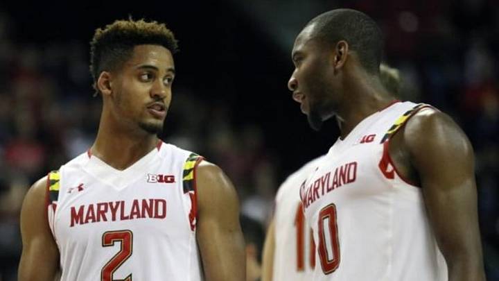Nov 28, 2015; College Park, MD, USA; Maryland Terrapins guard Rasheed Sulaimon (0) and guard Melo Trimble (2) talk during the game against the Cleveland State Vikings at Xfinity Center. Mandatory Credit: Mitch Stringer-USA TODAY Sports