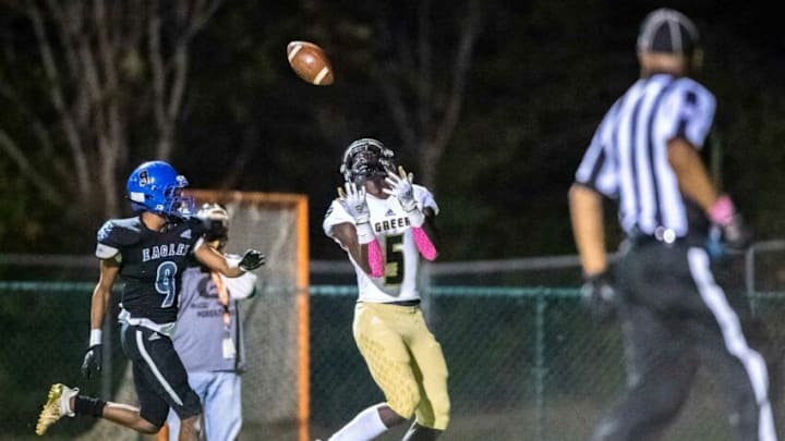 Greer's Jaleel Skinner makes a catch for a touchdown, guarded by Eastside's Fabian Cruell during their game, Friday, October 16, 2020. Greer won 48-0.Greereastsidefb Mb14 10162020