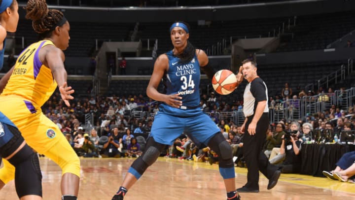 LOS ANGELES, CA - AUGUST 21: Sylvia Fowles #34 of the Minnesota Lynx handles the ball against the Los Angeles Sparks in Round One of the 2018 WNBA Playoffs on August 21, 2018 at STAPLES Center in Los Angeles, California. NOTE TO USER: User expressly acknowledges and agrees that, by downloading and or using this photograph, User is consenting to the terms and conditions of the Getty Images License Agreement. Mandatory Copyright Notice: Copyright 2018 NBAE (Photo by Andrew D. Bernstein/NBAE via Getty Images)