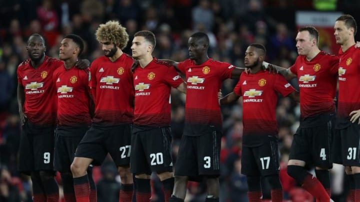 MANCHESTER, ENGLAND - SEPTEMBER 25: The Manchester United team watch during the penaly shoot out during the Carabao Cup Third Round match between Manchester United and Derby County at Old Trafford on September 25, 2018 in Manchester, England. (Photo by John Peters/Man Utd via Getty Images)