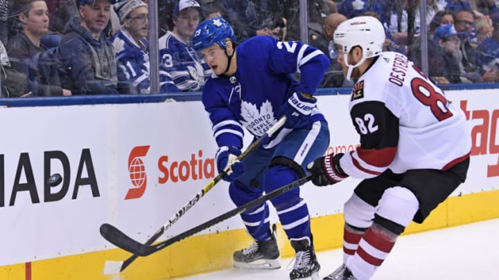 TORONTO, ON - JANUARY 20: Toronto Maple Leafs Right Wing William Nylander (29) and Arizona Coyotes Defenceman Jordan Oesterle (82) fight for the puck during the regular season NHL game between the Arizona Coyotes and Toronto Maple Leafs on January 20, 2019 at Scotiabank Arena in Toronto, ON. (Photo by Gerry Angus/Icon Sportswire via Getty Images)