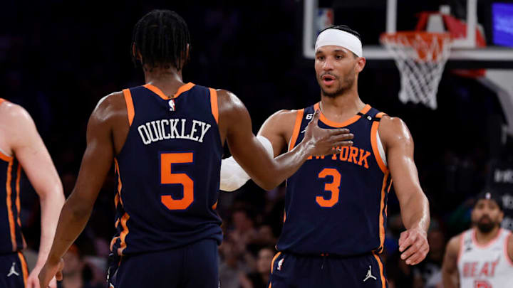 NEW YORK, NEW YORK - MARCH 29: (NEW YORK DAILIES OUT) Josh Hart #3 and Immanuel Quickley #5 of the New York Knicks in action against the Miami Heat at Madison Square Garden on March 29, 2023 in New York City. The Knicks defeated the Heat 101-92. NOTE TO USER: User expressly acknowledges and agrees that, by downloading and or using this photograph, User is consenting to the terms and conditions of the Getty Images License Agreement. (Photo by Jim McIsaac/Getty Images)