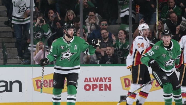 DALLAS, TX - FEBRUARY 27: Tyler Seguin #91 of the Dallas Stars celebrates a goal against the Calgary Flames at the American Airlines Center on February 27, 2018 in Dallas, Texas. (Photo by Glenn James/NHLI via Getty Images)