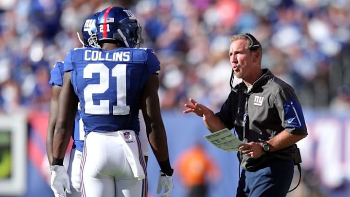 Sep 25, 2016; East Rutherford, NJ, USA; New York Giants defensive coordinator Steve Spagnuolo talks with New York Giants safety Landon Collins (21) and New York Giants corner back Janoris Jenkins (20) during the fourth quarter against the Washington Redskins at MetLife Stadium. Mandatory Credit: Brad Penner-USA TODAY Sports
