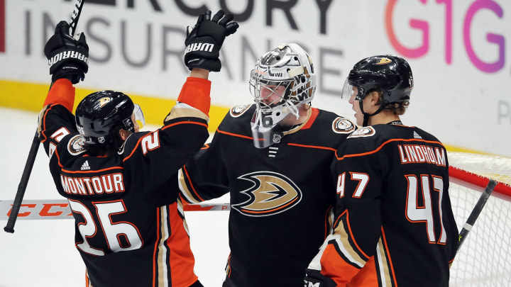 ANAHEIM, CA – MARCH 06: Anaheim Ducks goalie John Gibson (36) is greeted by defenseman Brandon Montour (26) and defenseman Hampus Lindholm (47) after the Ducks defeated the Washington Capitals 4 to 0 in a game played on March 6, 2018, at the Honda Center in Anaheim, CA. (Photo by John Cordes/Icon Sportswire via Getty Images)