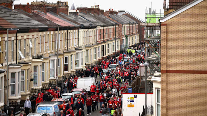 LIVERPOOL, ENGLAND - MAY 21: Liverpool fans begin arriving ahead of the Premier League match between Liverpool and Middlesbrough at Anfield on May 21, 2017 in Liverpool, England. (Photo by Jan Kruger/Getty Images)