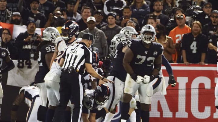 Sep 9, 2019; Oakland, CA, USA; Oakland Raiders defensive tackle Maurice Hurst (73) celebrates after a sack against the Denver Broncos during the fourth quarter at Oakland Coliseum. Mandatory Credit: Kelley L Cox-USA TODAY Sports