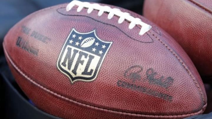 Jan 20, 2013; Foxboro, MA, USA; Detail view of an NFL football before the AFC championship game between the New England Patriots and the Baltimore Ravens at Gillette Stadium. Mandatory Credit: Greg M. Cooper-USA TODAY Sports