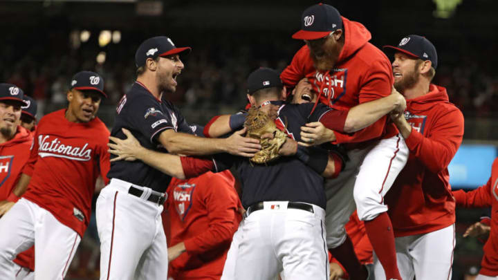 WASHINGTON, DC - OCTOBER 15: The Washington Nationals celebrate winning game four of the National League Championship Series at Nationals Park on October 15, 2019 in Washington, DC. (Photo by Patrick Smith/Getty Images)